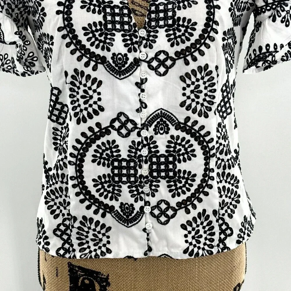 Zara Top Womens Small S‎ Embroidered Black Puff Flare Short Sleeve Blouse Boho